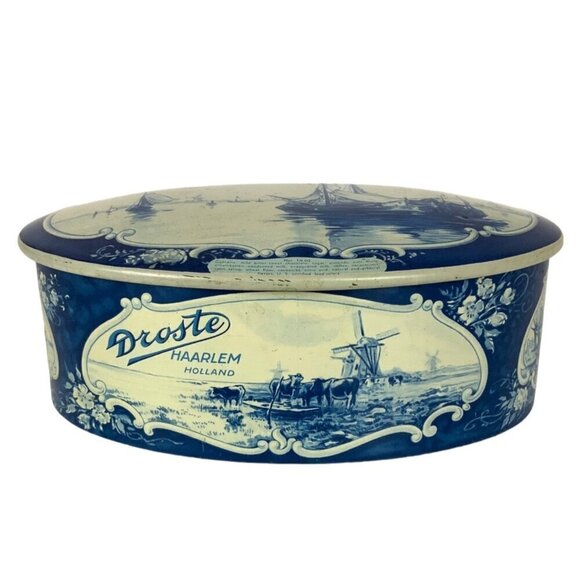 Vintage Droste Haarlem Holland Empty Tin Container Oval Blue White Designs - Picture 1 of 8